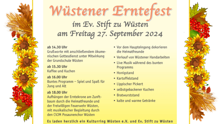 Veranstaltungsankündigung: Wüstener Erntefest im Stift am Freitag, den 27. September 2024 1