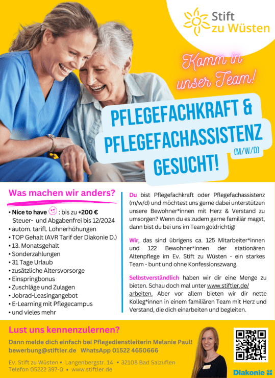 Pflegefachkraft und Pflegefachassistenz (m/w/d) gesucht! 1